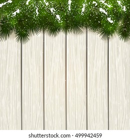 Christmas theme, decorative spruce branches and snow on a white wooden background, illustration.
