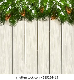 Christmas theme, decorative spruce branches with pine cones and snow on a white wooden background, illustration.