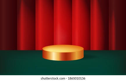 Christmas theme display podium layout. Golden stage. Realistic 3d curtain vector background.