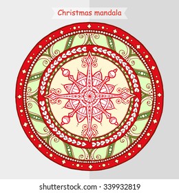 Christmas theme. Doodle snowflake on ethnic circle ornament. Hand drawn art winter mandala. Colorful background. Zentangle pattern. 