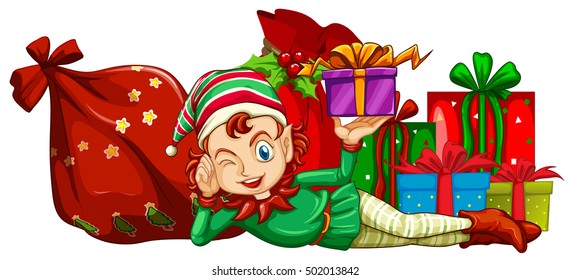 Christmas theme with elf and gift boxes illustration