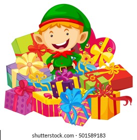 Christmas theme with elf and many presents illustration