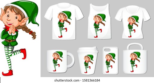 Tema navideño con el elf navideño en la ilustración de muchos productos