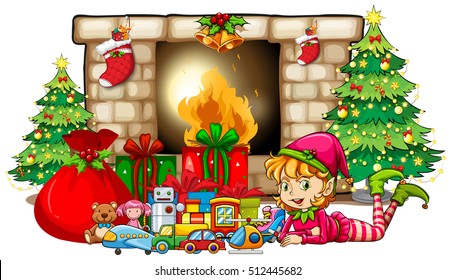 Tema de Navidad con elfo y juguetes por ilustración de chimenea
