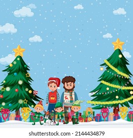 Christmas theme with family and many presents illustration