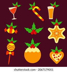 Christmas Theme Food And Drink Collection On Claret Background.