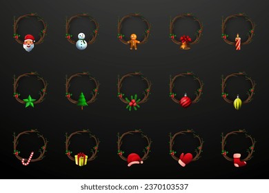 Juego de tema de Navidad UI Avatar Estilo de rama de árbol con Santa Claus, árbol de Navidad, Campana, Vela, Regalo y Ornamentos decorativos para mejorar el diseño de la interfaz de usuario de la celebración de Navidad