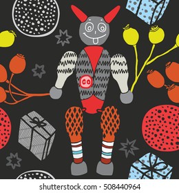 Christmas theme with gift and little devil, seamless autumn vector on black background, decorative wrapping paper vector, child draw with a toy