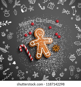 Christmas theme, gingerbread man lying on blackboard with chalk doodles, candy cane, sugar and some berries, vector illustration, eps 10 with transparency