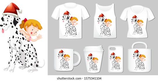 Christmas theme with girl and dog on many products illustration