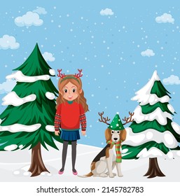 Christmas theme with girl and dog in snow illustration