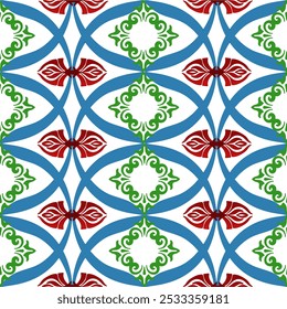 Christmas theme green, red with white color, classic damask seamless pattern: vector illustration for elegant textile design, carpet, curtains, and clothing. Ideally for all decoration.