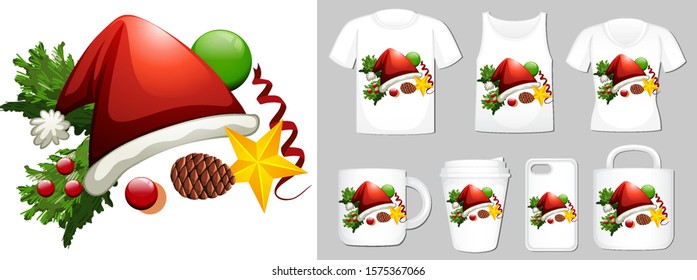 Christmas theme with christmas hat on many products illustration