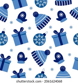 Christmas theme. Holiday decor, toys, gifts, winter hat and warm gloves. Seamless pattern. Can be used for wallpaper, pattern fills, web page background, surface textures