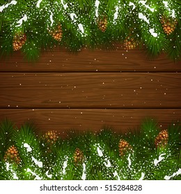 Christmas theme with holiday decorations, decorative spruce branches with pine cones and snow on a wooden background, illustration.