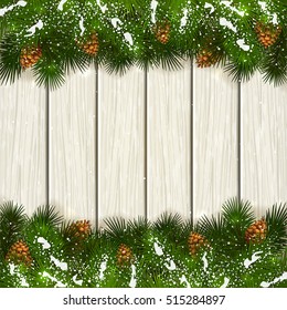 Christmas theme with holiday decorations, decorative spruce branches with pine cones and snow on a white wooden background, illustration.