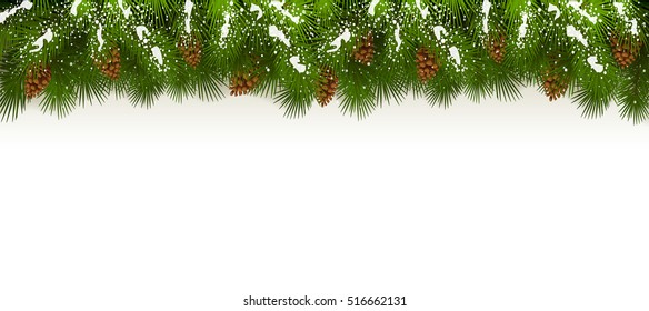 Christmas theme with holiday decorations, decorative spruce branches with pine cones and snow on a white background, illustration.