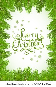 Christmas theme with holiday decorations on a white background, decorative spruce branches with snowflakes and inscription Merry Christmas, illustration.