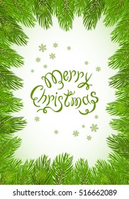 Christmas theme with holiday decorations on a white background, green decorative spruce branches with snowflakes and inscription Merry Christmas, illustration.