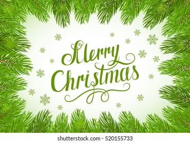 Christmas theme with holiday decorations on a green background, decorative spruce branches with snowflakes and inscription Merry Christmas, illustration.