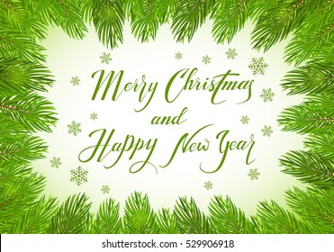 Christmas theme with holiday decorations on a green background, decorative spruce branches with snowflakes and lettering Merry Christmas and Happy New Year, illustration.