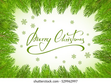 Christmas theme with holiday decorations on a green background, decorative spruce branches with snowflakes and lettering Merry Christmas, illustration.