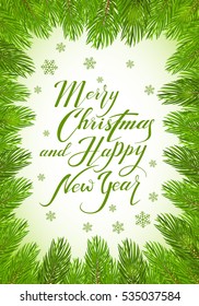 Christmas theme with holiday decorations on a green background with decorative spruce branches, snowflakes and lettering Merry Christmas and Happy New Year, illustration.