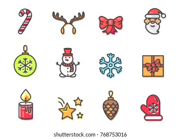 Christmas theme icons set, holiday and symbolic images of Santa Claus with snowman, snowflake and present with bow, stars vector illustration