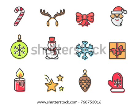 Christmas theme icons set, holiday and symbolic images of Santa Claus with snowman, snowflake and present with bow, stars vector illustration