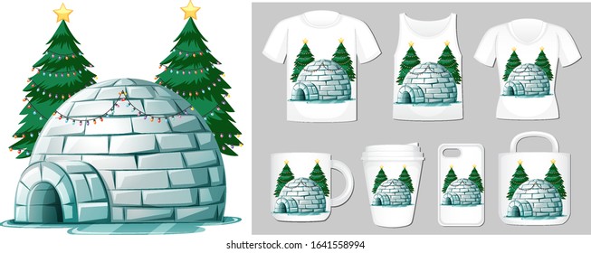 Christmas theme with igloo on many products illustration