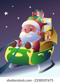 Christmas theme illustration of cartoon Santa Claus riding his sleigh with lots of gitfs