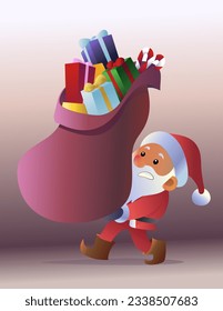 Christmas theme illustration of cartoon Santa Claus carrying lots of gitfs