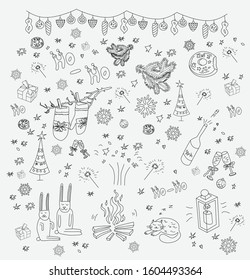 Christmas theme illustration: hares bask in the fire, the cat sleeps around the fire, a Christmas tree with Christmas decorations, salute, donut, mittens hanging on a branch, snowflakes, stars, gifts