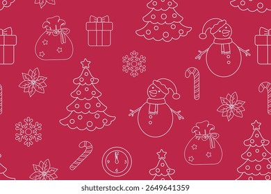 Christmas theme  isolated  on viva magenta background. White outline drawing. Seamless pattern under clipping mask, convenient for editing. Background for paper, textile, gift wrap.