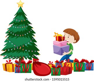 Christmas theme with kid and many presents illustration