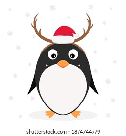 Christmas theme. Little cute penguin with Santa's hat and antlers isolated on white background with snowflakes. Illustration can be used for holiday design, cards, posters, invitations, banner.