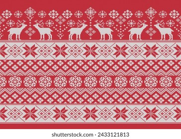 Christmas theme lots of snowflake and deer on red white Knitting Pattern. Vector illustration.