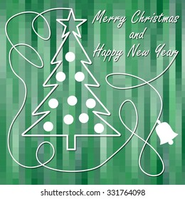 Christmas theme in modern design, christmas tree with star and christmas balls in white outline on green pixelated background. Calligraphic white curve with bell silhouette,