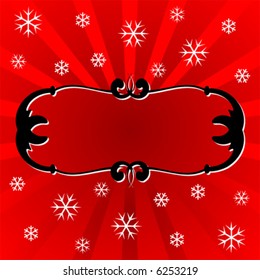 Christmas theme. Ornamental frame with copy space and falling snow flakes over striped background