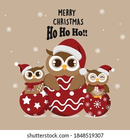 Christmas theme  owl wearing Santa cap hat.Vector illustration.