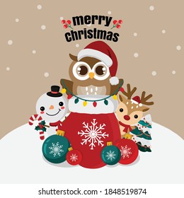 Christmas theme  owl wearing Santa cap hat.Vector illustration.