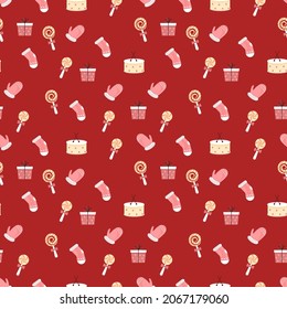 Christmas Theme Pattern On Red Background.