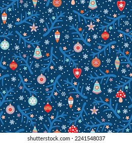 Christmas theme pattern with vintage toys and christmas tree branches. Vector illustrartion.
