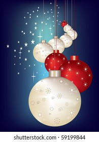 Christmas theme with patterned red and silver baubles, bright stars on blue background.