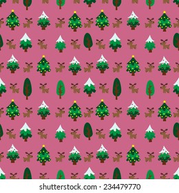 Christmas theme pine tree and reindeer in pink background seamless pattern