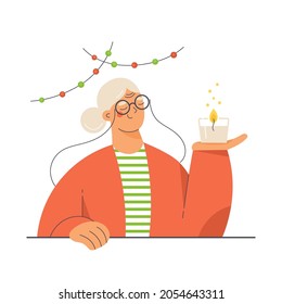 Christmas theme portrait of happy elderly woman holding a candle. Winter holidays season celebration concept. Flat character vector illustration.