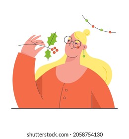 Christmas theme portrait of happy young woman holding an holly berry. Winter holidays season celebration concept. Girl flat character vector illustration.