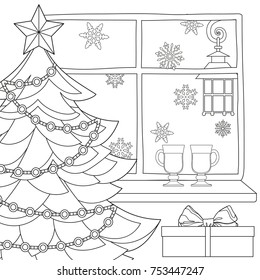 Christmas theme poster with xmas tree, star, garland light, snowflakes, presents, mulled wine, street lantern. Coloring book page for adults and kids. Flat vector illustration for gift cardor banner.