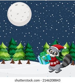 Christmas theme with raccoon in the snow illustration
