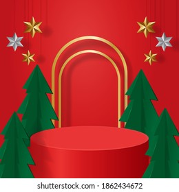 Christmas Theme Realistic Podium Display Product Layout. Vector Design.